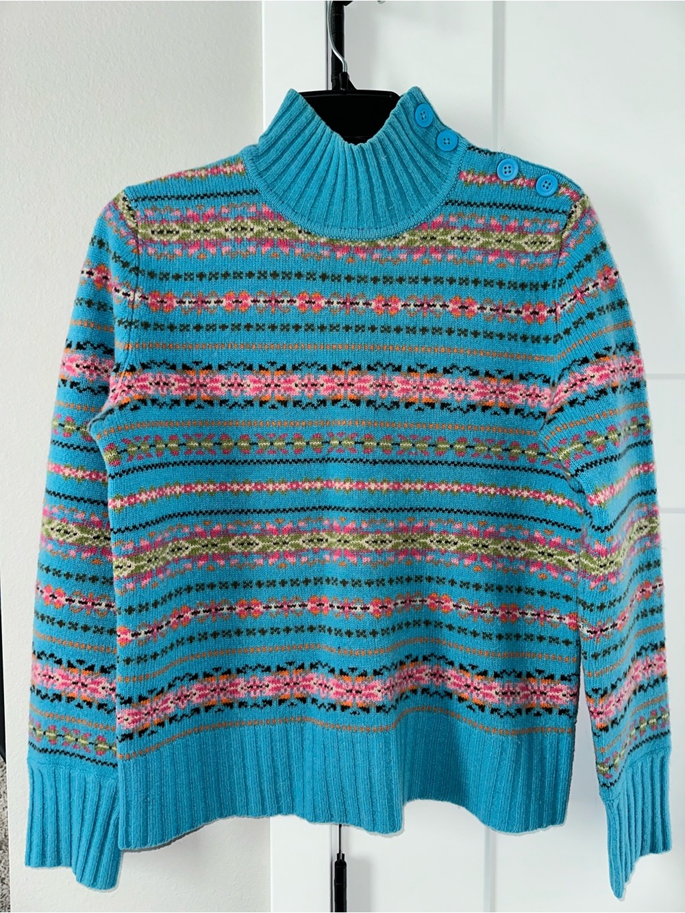 Jones New York Turquoise Fair Isle Button-Shoulder Mock Neck Sweater 100% wool